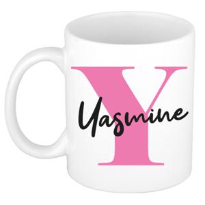 Naam mok Yasmine - roze - wit - keramiek - 300 ml - verjaardag/cadeau beker