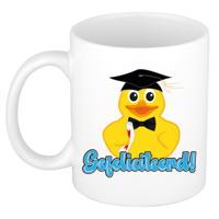 Cadeau koffie/thee mok - wit - geslaagd - bad eend - gefeliciteerd - 300 ml - keramiek