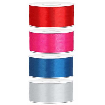 4x rollen satijnlint rood-zilver-turquoise-roze 2.5 cm x 25 meter