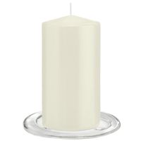 Trend Candles - Stompkaarsen met glazen onderzetters set van 2x stuks - ivoor wit 8 x 15 cm