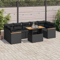 8-delige Loungeset met kussens poly rattan acacia zwart