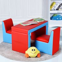 Kinderbank 2-In-1 Dubbele Bank Omvormbaar Tafel en Twee Stoelen Kinderstoel met Houten Frame en PVC-Oppervlak Rood+Blauw - thumbnail