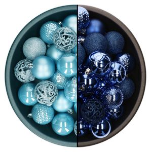 Kerstballen - 74x st - kobalt blauw en ijsblauw - 6 cm - kunststof