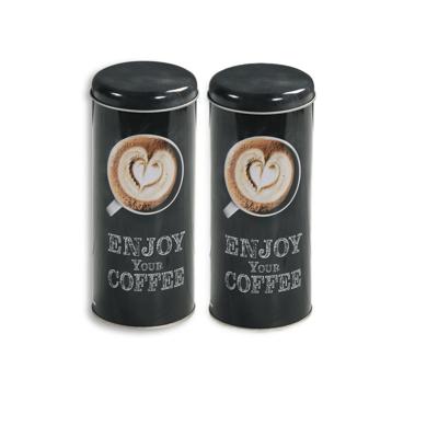 Koffie bewaarblik voor pads - 2x - Enjoy your coffee - metaal - zwart - drukdeksel - D8 x H17 cm