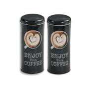 Koffie bewaarblik voor pads - 2x - Enjoy your coffee - metaal - zwart - drukdeksel - D8 x H17 cm Koffie bewaarblik voor pads - 2x - Enjoy your coffee - metaal - zwart - drukdeksel - D8 x H17 cm