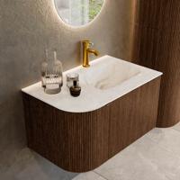 Badmeubel Mondiaz Kurve-Dlux | 75 cm | Meubelkleur Walnut | Wastafelkleur Frappe | Solid surface | Rechts spoelbak | 1 kraangat