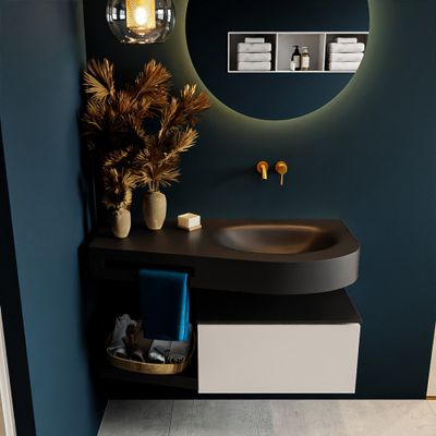 MONDIAZ RIVA 100cm badmeubel onderkast / planchet kleur Linen met 1 lade. Wastafel DULCET rechts 0 kraangaten kleur Urban.