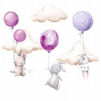 Muursticker - Konijntjes met ballonnen en wolken / Purper - thumbnail