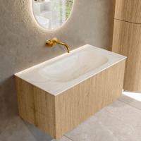Badmeubel Mondiaz Kurve-Dlux | 90 cm | Meubelkleur Oak | Wastafelkleur Ostra | Solid surface | Midden spoelbak | Zonder kraangat(en) Badmeubel Mondiaz Kurve-Dlux | 90 cm | Meubelkleur Oak | Wastafelkleur Ostra | Solid surface | Midden spoelbak | Zonder kraangat(en)
