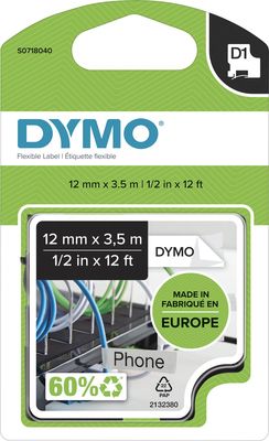 Dymo D1 flexibele nylontape 12 mm, zwart op wit