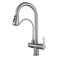 Vrijstaande Keukenkraan - Dubbele Handgreep | Geborsteld RVS | Warm & Koud Water