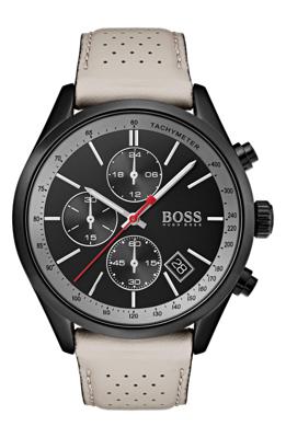 Boss Hugo Boss Heren chronograaf Grand Prix beige geperforeerde lederen bandhorloge 44 mm damesschoenen