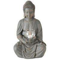 Boeddha beeld met windlichtje - binnen/buiten - kunststeen - antiek betongrijs - 26 x 25 x 41 cm