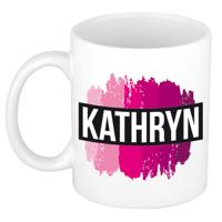 Kathryn naam cadeau koffie mok - beker - met roze verfstrepen - Cadeau collega - moederdag