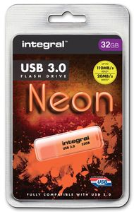 Integral 32GB USB3.0 DRIVE NEON ORANGE UP TO R-100 W-30 MBS USB flash drive USB Type-A 3.2 Gen 1 (3.1 Gen 1) Oranje