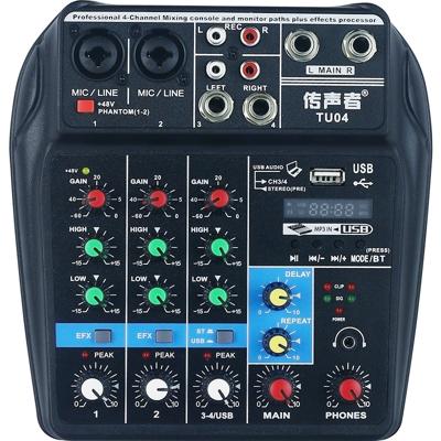 TU04 BT Sound Mixing Console record 48V Phantom Power Monitor AUX paden plus effecten 4 kanalen audio mixer met USB (zwart)