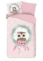 Good Morning Kinderdekbedovertrek "uil en veren" - Roze - (140x200/220 cm) - Katoen