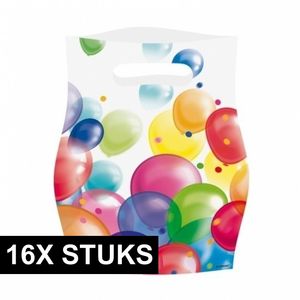 16x Feestzakjes met ballonnenopdruk plastic 16x23cm