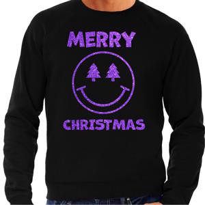 Foute Kersttrui/sweater voor heren - Merry Christmas - smiley - zwart - glitter paars