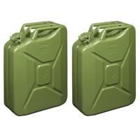 Metalen jerrycan 20 liter legergroen - Set van 2x stuks - geschikt voor brandstof - benzine / diesel