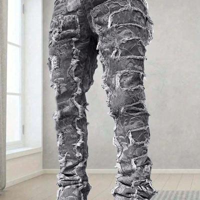 Men's Blue Frayed Denim Jeans - Slim Fit Straight Leg Streetwear Grey / 28
