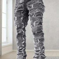 Men's Blue Frayed Denim Jeans - Slim Fit Straight Leg Streetwear Grey / 28
