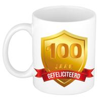 Leeftijd cadeau koffiemok - 100 jaar - Gefeliciteerd - Gouden schild - jubileum - verjaardaardag