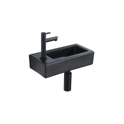 QeramiQ Fuente Fonteinset - 37.5x18.5x9cm - keramiek - kraangat links - fonteinkraan zwart mat - afvoerplug - verlaagd sifon - Mat Zwart SW1122451/SW696205/SW696215/SW696235