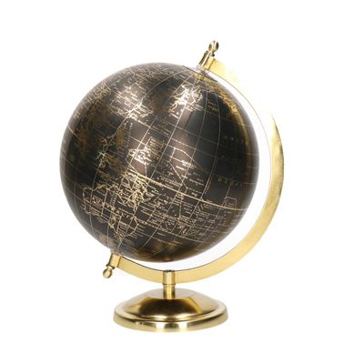 Decoratie wereldbol/globe goud/zwart op metalen voet 22 x 27 cm