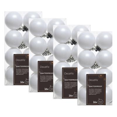 Decoris kleine kerstballen - 64x st - wit - 4 cm - kunststof - onbreekbare kerstballen