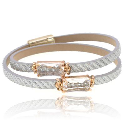 Leren Boho stijl dames armband in wit en goud met 2 glasstenen
