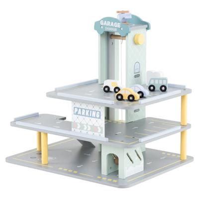 Houten Garagespeelset met 3 Niveaus en 4 Kleine Auto's Helikopter Helipad Benzinestation Lift Autowasstraat en Hefstang voor Kinderen 3+
