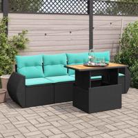 5-delige Loungeset met kussens poly rattan zwart