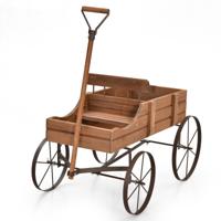 Houten Bolderkar Bloem/Plantenbak Decoratieve Pot Standaard met Wielen en 2 Planten Secties Buiten Tonnetje Planter Bruin