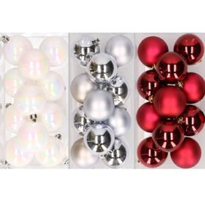 36x stuks kunststof kerstballen mix van parelmoer wit, zilver en kerstrood 6 cm - Kerstbal