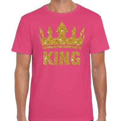 Koningsdag verkleed T-shirt heren - roze - King - glitter goud - kroon