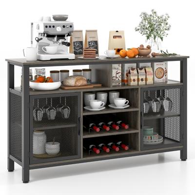 140 cm Wijnbar Kast Wijnrek voor 8 Flessen 6 Rijen Glazen Houders Metalen Gaasdeuren voor Keuken Eetkamer Woonkamer Grijs