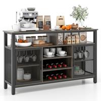 140 cm Wijnbar Kast Wijnrek voor 8 Flessen 6 Rijen Glazen Houders Metalen Gaasdeuren voor Keuken Eetkamer Woonkamer Grijs