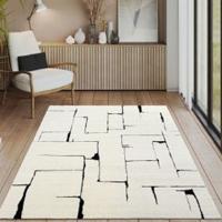 Vloerkleed Elio Japandi - Moderne laagpolig met hoog-diepteeffect zacht abstract 3D-effect Crème Zwart-80 x 300 cm