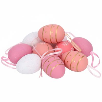 Paaseieren hangdecoraties - koraalroze - 12x stuks - 6 cm - kunststof - Pasen versiering voor paasta