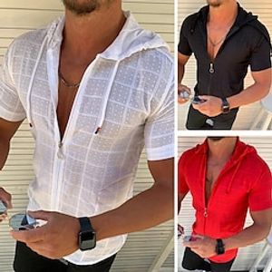 Voor heren Overhemd Zomer overhemd Strand Kleding Normaal shirt Zwart Wit Rood Oranje Groen Korte mouw Effen Capuchon niet-afdrukken Werk Kantoor / Formeel Kleding Vakantie Eenvoudig Casual Lightinthebox