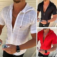 Voor heren Overhemd Zomer overhemd Strand Kleding Normaal shirt Zwart Wit Rood Oranje Groen Korte mouw Effen Capuchon niet-afdrukken Werk Kantoor / Formeel Kleding Vakantie Eenvoudig Casual Lightinthebox