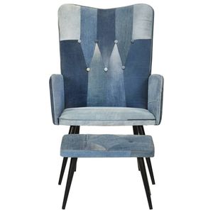 The Living Store Fauteuil Canvas - Blauw - 55 x 43 x 97 cm - Met denim patchwork