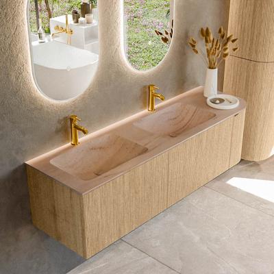 Badmeubel Mondiaz Kurve-Dlux | 155 cm | Meubelkleur Oak | Wastafelkleur Saba | Solid surface | Dubbel / Links spoelbak | 2 kraangaten