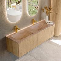 Badmeubel Mondiaz Kurve-Dlux | 155 cm | Meubelkleur Oak | Wastafelkleur Saba | Solid surface | Dubbel / Links spoelbak | 2 kraangaten