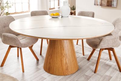 Ronde eettafel UNIQUE 120 cm wit natuurlijk eiken keramiek marmeren kolomvoet - 45143