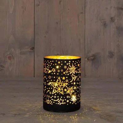 Cylinder glas met sterren 10led warm wit 9h12 cm zwart/goud - Annas collection