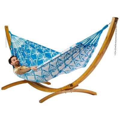 Familie hangmat met houten standaard - 400x180cm - Blauw - 200kg draagkracht- 100% katoen - binnen & buiten