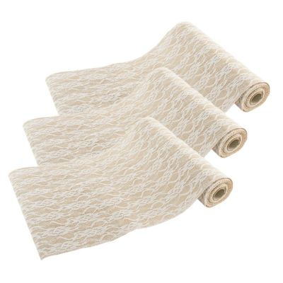 Jute tafelloper - 3x - met wit kant - 29 x 300 cm