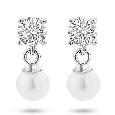 Oorhangers zilver-zoetwaterparel-zirconia wit 5 x 13 mm